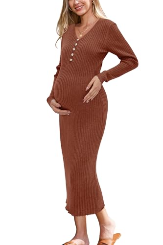 OUGES Women's Wool Maternity Sweater Dress Button Fall Baby Shower Dress - color: Caramel, size: XX-Large