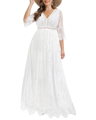 Plus Size Wedding Dresses Boho Lace Formal Bohemian Fall Long Dress - color: White, size: 18 Plus
