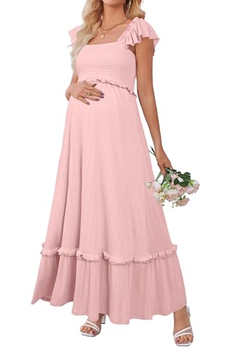 OUGES Women's Ruffle Sleeve Summer Baby Shower Maternity Photoshoot Dress - color: Pink, size: XX-Large