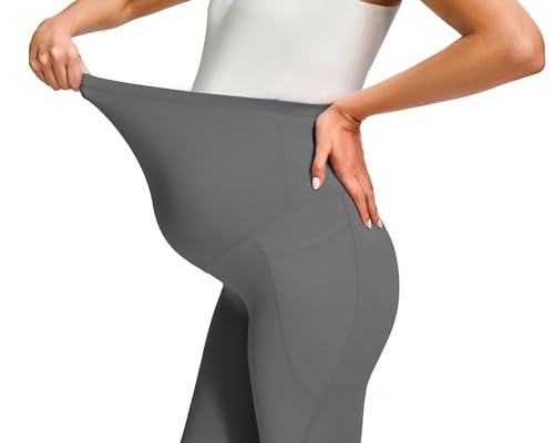 JOYSPELS Smooth Feeling Maternity Workout Leggings with Pockets Pregnancy Pants Over The Belly - color: Grey, size: Medium
