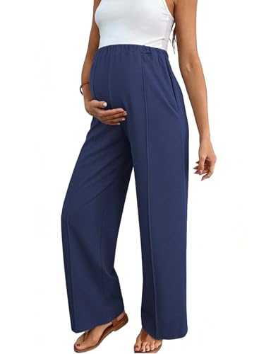 BLENCOT Women's Maternity Pants Work Adjustable Waisted Wide Leg Waffle Knit Trousers Pregnancy Clothes with Pockets - color: Blue, size: Small