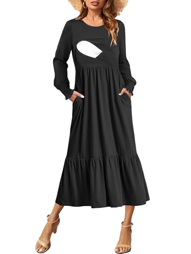 CzzzyL Women Nursing Dresses Crew Neck Fall Maternity Tiered with Pockets - color: Black, size: Medium