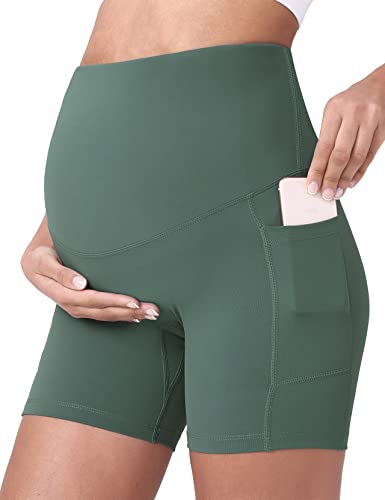 POSHDIVAH Maternity Biker Shorts Over the Belly with Pockets 5"/8" - color: Crab Green, size: Small