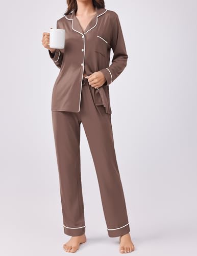 Ekouaer Womens Pajamas Set Button Down Long Sleeve Top & Pants Lounge Sets - color: Brown, size: Medium