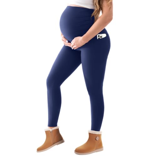 Walifrey Maternity Fleece Lined Leggings with Pockets - color: Blue, size: X-Large