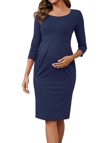 Maternity Work Dress 3/4 Sleeve Formal Business Outfit - color: Blue, size: Small
