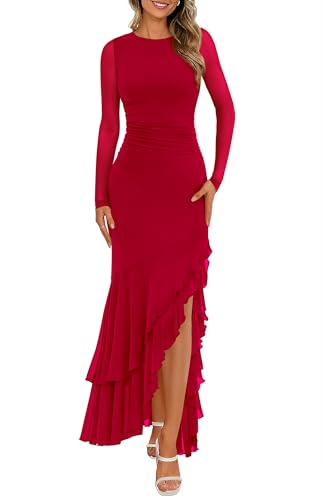 BTFBM Women's Maxi Dresses Fall 2026 Long Sleeve Wedding Guest Dress - color: Red, size: XX-Large