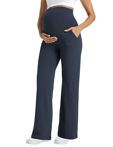 Foucome Womens Maternity Pants Wide Leg Yoga Dress Work Pants - color: Navy Blue, size: X-Large