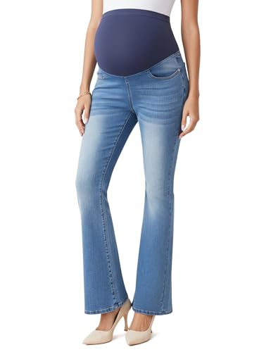 BISUAL Maternity Jeans Over The Belly Slim Stretch Flare Maternity Pants Casual Belly Bell Bottoms Maternity Work Pants - color: Light Blue, size: Medium