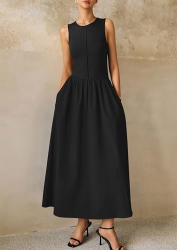 PRETTYGARDEN Pleated Maxi Dresses for Women with Pockets - color: Black, size: Large