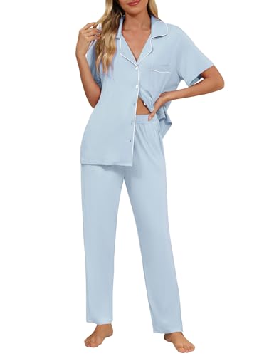 Senert Womens 2 Piece Pajamas Set Button Down Top and Pants Soft Sleepwear - color: Blue, size: Medium