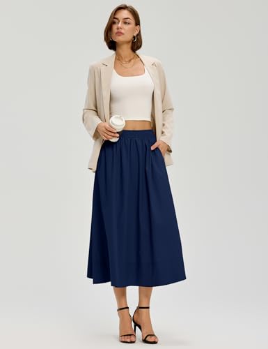 LOMON Midi Skirts for Women with Pockets A-Line Cotton Flowy Elastic Waist - color: Navy Blue, size: Small
