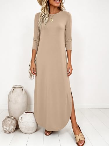 ANRABESS Women’s Air Layer 3/4 Sleeve Fall Maxi Dress & Pockets - color: Almond, size: Medium