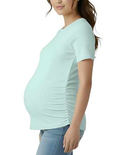 Motherhood Maternity Women's Short Sleeve Crew Neck Side Ruching Pregnancy Tee Shirt - color: Whispering Blue, size: Medium