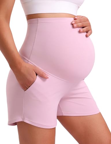 Mama Land Women's Maternity Athletic Shorts with Pockets, 4 Inch - color: Misty Pink, size: Large
