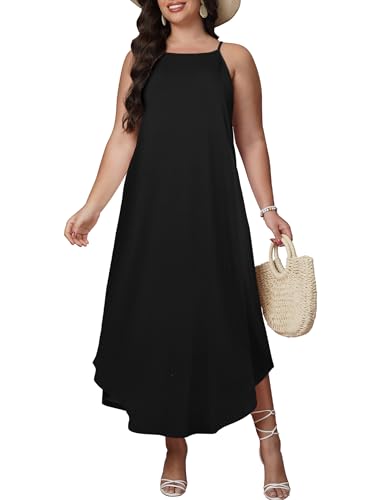 POGTMM Womens Plus Size Dress Boho Sleeveless Maxi Long Halter Sundress - color: Black, size: 5X-Large
