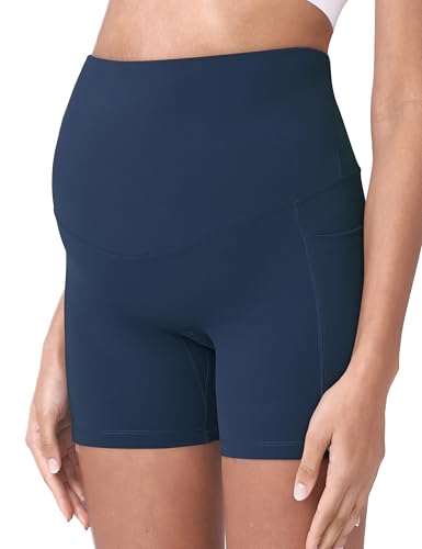 POSHDIVAH Maternity Biker Shorts Over the Belly with Pockets 5"/8" - color: Navy Blue, size: Medium