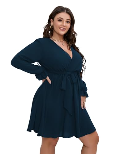 SCOMCHIC Women's Plus Size Long Sleeve Wrap V Neck A Line Mini Dress - color: Lake Blue, size: 3X-Large Plus