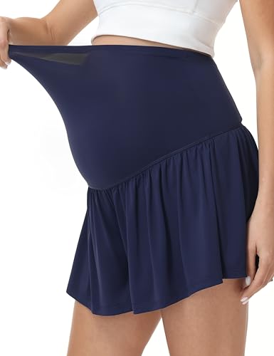 Foucome Womens 2 in 1 Maternity Athletic Shorts with Liner Pockets - color: Navy, size: Medium