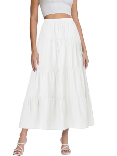 Women's White Maxi Skirt Summer Boho Long Flowy Pleated Tiered High Waist A-Line Flared Skirts - color: White, size: X-Small