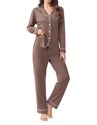 Ekouaer Womens Pajamas Set Button Down Long Sleeve Top & Pants Lounge Sets - color: Brown, size: Small