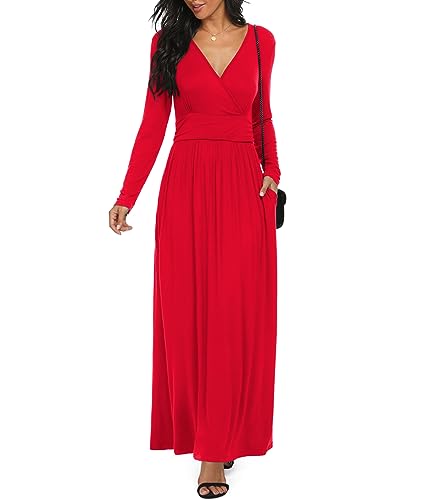 LILBETTER Women Long Sleeve Deep V Neck Loose Plain Long Maxi Casual Dress - color: Red, size: Small