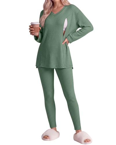 Neer 2 Pcs Maternity Nursing Pajamas Set Oversize - color: Dark Gray Green, size: Medium