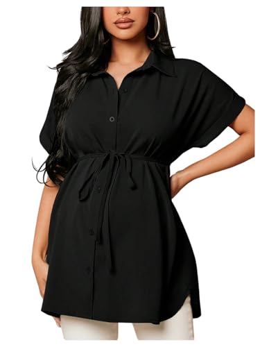 MakeMeChic Women's Maternity Nursing Work Blouse Pregnancy Ruffle Tops - color: Black B, size: X-Small