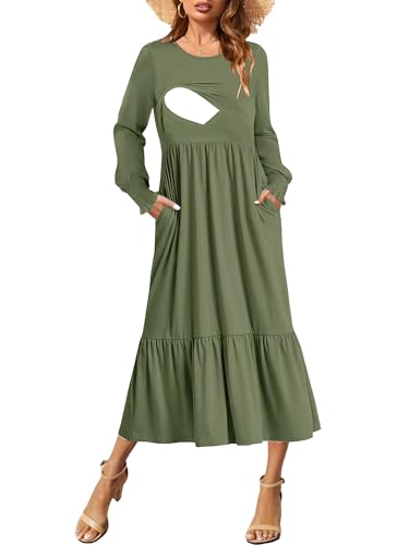 CzzzyL Women Nursing Dresses Crew Neck Fall Maternity Tiered with Pockets - color: Green, size: Medium