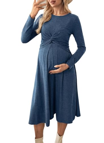 BLENCOT Maternity Nursing Midi Dress Twist Knot Pull Up Feed Postpartum - color: Dusk Blue, size: X-Large