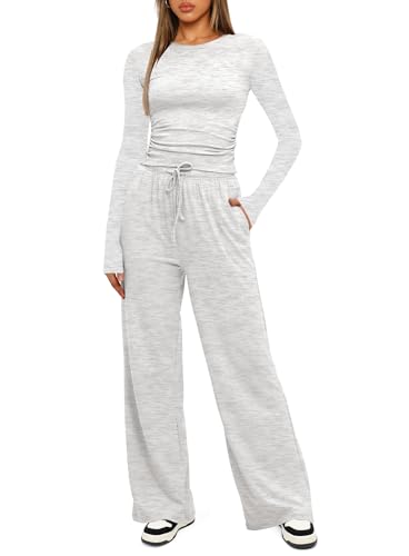 Darong Women's 2 Piece Matching Lounge Sets 2026 Fall Casual Outfits - color: White Grey, size: Medium