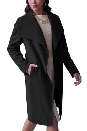 Cicy Bell Women's Pea Trench Coat Lapel Collar Long Jacket Open Front Belted Overcoat with Pockets - color: Black, size: Large