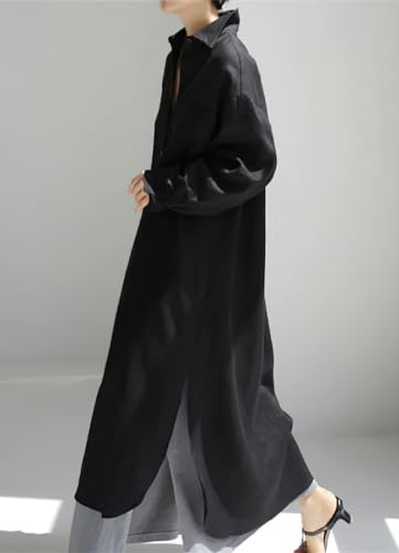 chouyatou Women's Spring Button Down Cotton Shirt Dress Summer Flowy Side Slit Maxi Shift Dress - color: Black, size: Medium