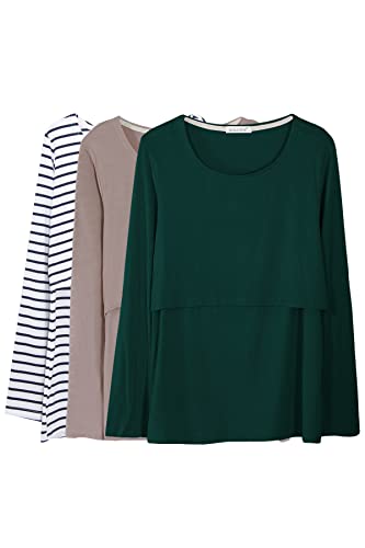 Smallshow Women's Nursing Tops Long Sleeve Breastfeeding Shirts 3 Packs - color: Brown-deep Green-white Stripe(3 Packs), size: Large