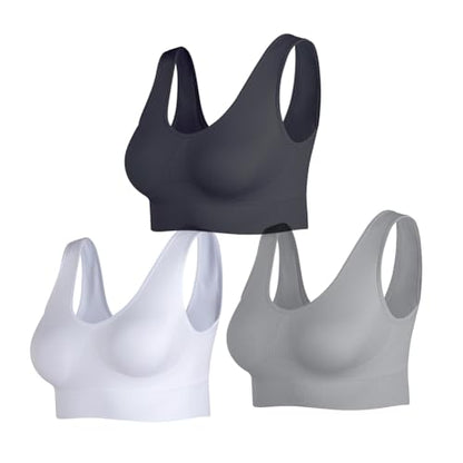 Women's Wireless Sleep Bras Unpadded Seamless Comfort Bras Throw-on Wirefree Bralettes 3 Pack - color: Black*white*grey, size: XX-Large