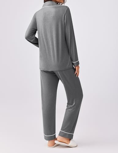 Ekouaer Womens Pajamas Set Button Down Long Sleeve Top & Pants Lounge Sets - color: Grey, size: XX-Large
