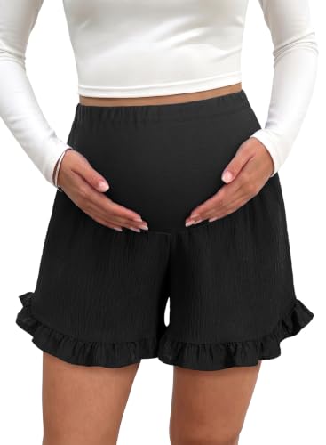 BLENCOT Maternity Shorts Over Belly Ruffle Hem Pregnancy Clothes - color: Black, size: X-Large