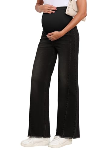 BLENCOT Women Maternity Jeans Bootcut Straight Leg Stretchy Denim Pants - color: Black, size: Medium