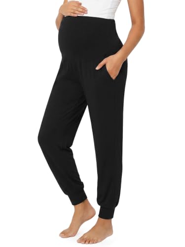 Summer Mae Viscose Maternity Jogger Pants Pregnancy Lounge Pant with Pocket - color: Black, size: Small