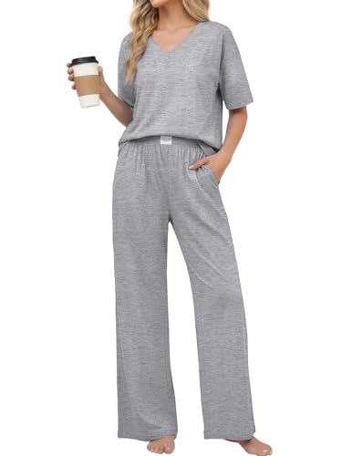 Ekouaer Womens Pajama Sets Cotton Short Sleeve Long Pants Lounge Set - color: Light Grey, size: Medium
