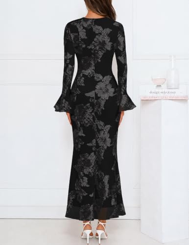 MEROKEETY Women's Floral Wedding Guest Cocktail Maxi Dress - color: Black, size: Medium