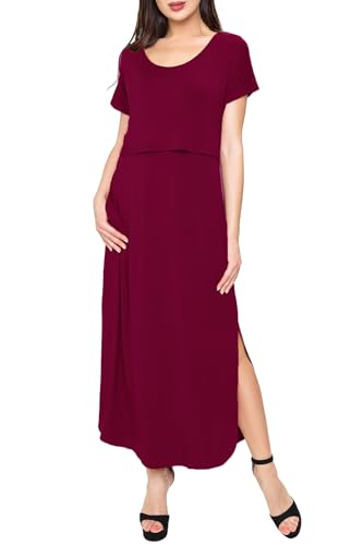 Smallshow Women's Maternity Nursing Dresses Split Long Dress for Breastfeeding - color: Burgundy, size: Medium