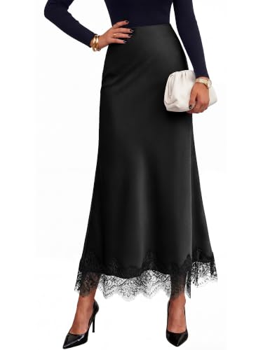 BTFBM Lace Trim Satin Skirts for Women Elegant - color: Black, size: Large