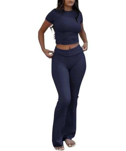 COPYLEAF Two Piece Lounge Sets for Women Fold Over Leggings Y2k Outfits - color: Navy Blue, size: Small