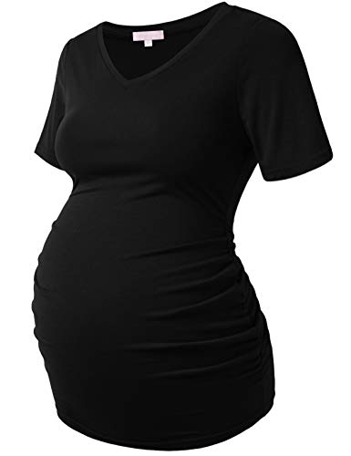 Bhome Maternity Shirt Short Sleeve Pregnancy Tshirt Side Ruched Tee Top - color: Black Vneck, size: Medium