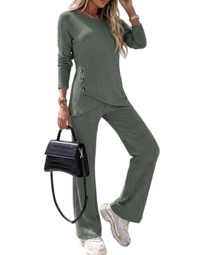 CHICME Womens 2 Piece Lounge Set Button Down Top Wide Leg Pants - color: Green, size: Large