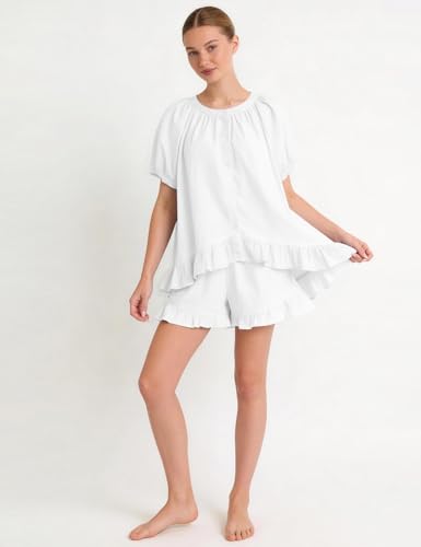 Kissonic Womens Pajamas Set 2 Piece Cotton Ruffle Summer Shorts Sets - color: White, size: Medium