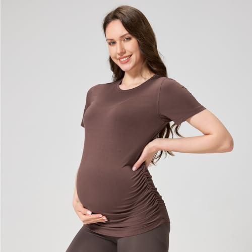 netdraw Buttery Soft Bamboo Viscose Maternity T Shirt, Pregnancy Short Sleeve Side Ruched Casual Tops - color: Cocoa, size: Small