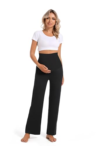 V VOCNI Maternity Pants Wide Leg Work Dress Pregnancy Trousers - color: Black, size: Medium
