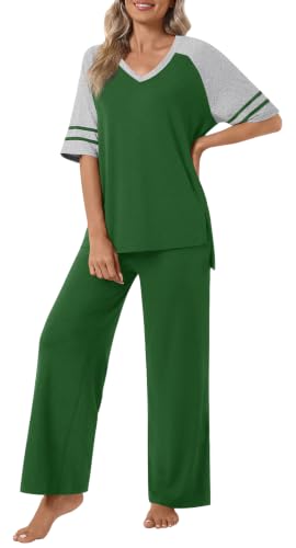 Anyhold Lounge Sets for Women Fall Pajamas Set 2 Piece Outfits - color: Dark Green, size: XX-Large